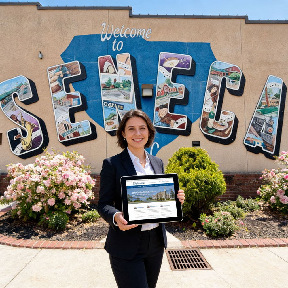Professional woman in a navy blazer holds a tablet displaying a website, standing in front of a colorful 'Welcome to Seneca' mural.