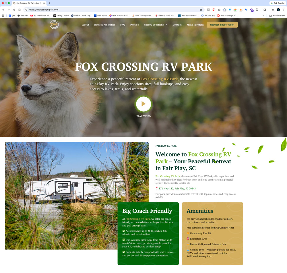 Hero image: fox with a blurred forest background and a Play Video button over the Fox Crossing RV Park title and description.