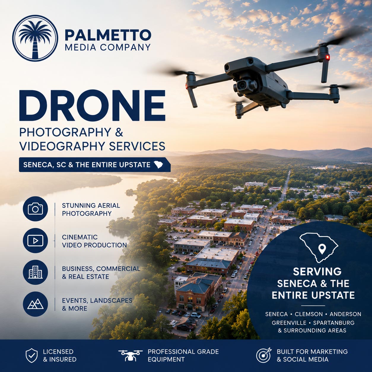 Palmetto Media Company drone services poster: drone flying over a town at sunset with bold DRONE PHOTOGRAPHY & VIDEOGRAPHY SERVICES text and a blue map badge reading Serving Seneca & the Entire Upstate.